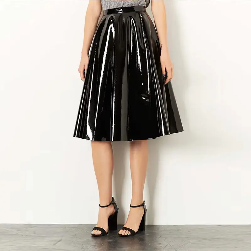 Mirror-Finish PU Leather Pleated Skirt with Stretch, Mid-Length