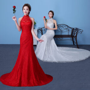 Flattering Hanging Neck Fishtail Wedding Dress - Net Plus, Red/White