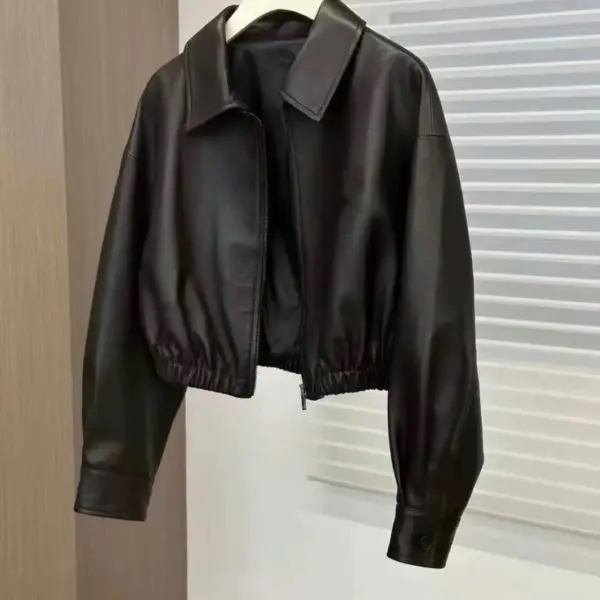 Soft Leather Black Zip Coat for Spring & Autumn, Square Neck