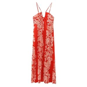 High Waist Crimp Flower Print Sling Mid-length Dress Women