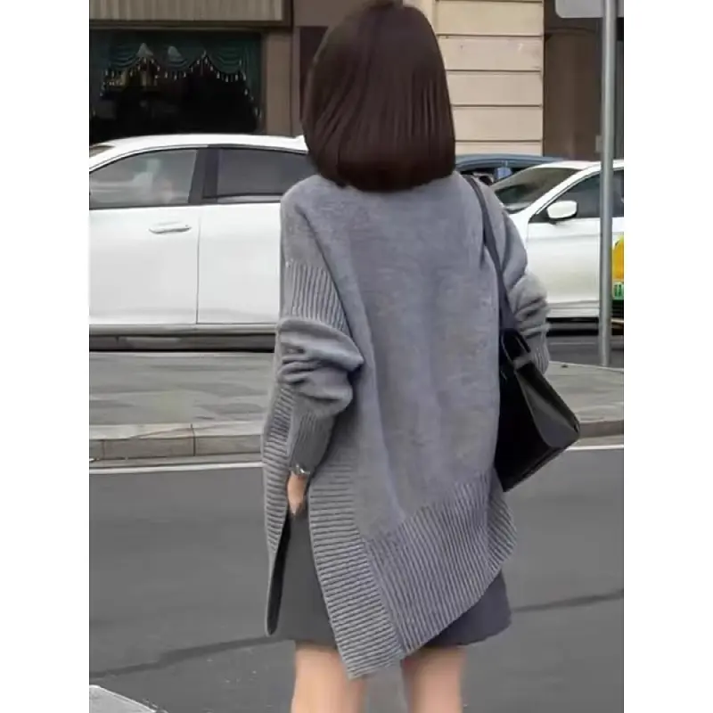 Asymmetrical High-Neck Split Sweater for Women, Thick Knit Asymmetrical High-Neck Split Sweater for Women, Thick Knit
