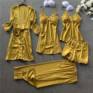 Chest Pad 5-Piece Pyjamas Set in Imitation Silk for Comfort