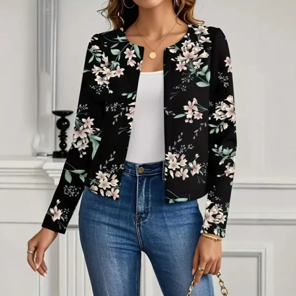 Women's Casual Crew-Neck Printed Short Long-Sleeve Jacket