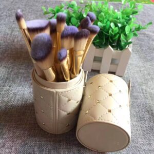 Makeup Brush Set of 12 with Storage Buckets, Wooden Handles