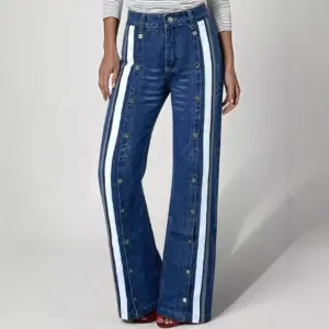 Retro Color-Block Wide-Leg Denim Jeans with Split Hem