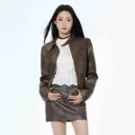 Short Leather Jacket Slim Brown Jacket Motorcycle Jacket
