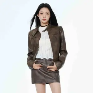 Short Leather Jacket Slim Brown Jacket Motorcycle Jacket