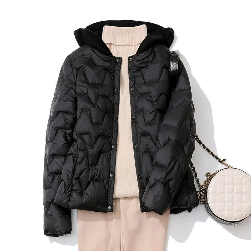Warm White Duck Down Womens Cropped Beanie Jacket - Loose Fit V-Neck