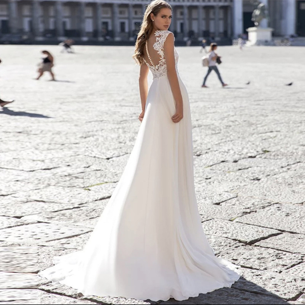 Ivory Chiffon A-Line V-Neck Long Sleeve Wedding Dress
