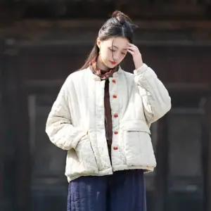 Womens Retro Colorblock Padded Jacket with Knotted Buttons