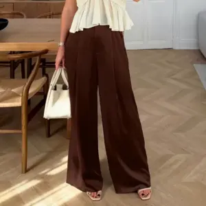 Flattering Draped High-Waist Wide-Leg Pants for Women - Brown