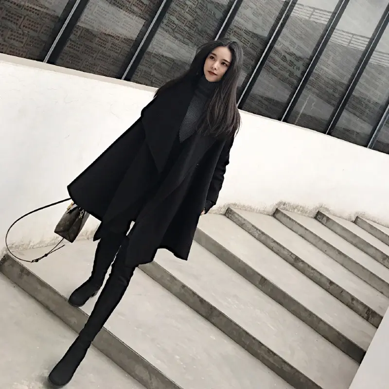Black Irregular Loose Cloak Woolen Coat for Easy Movement
