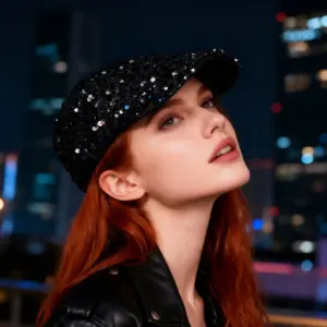 Lightweight Black Sequined Forward Brim Hat for Stage
