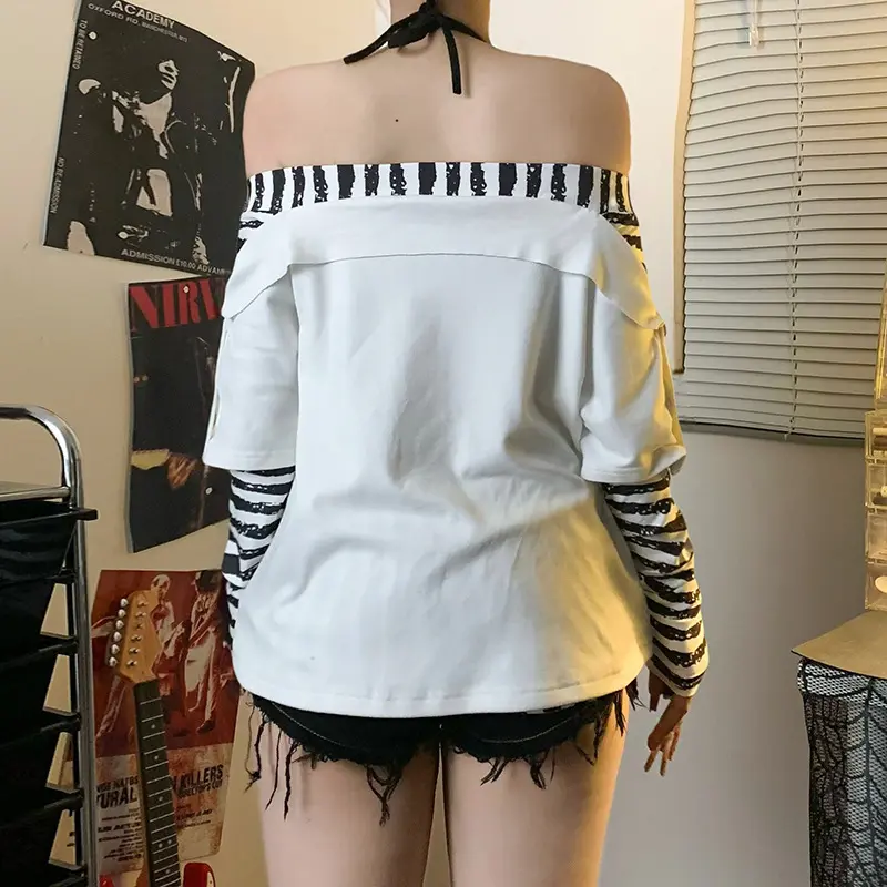 Off-Shoulder Y2 K Striped Contrast Polyester Top for Women