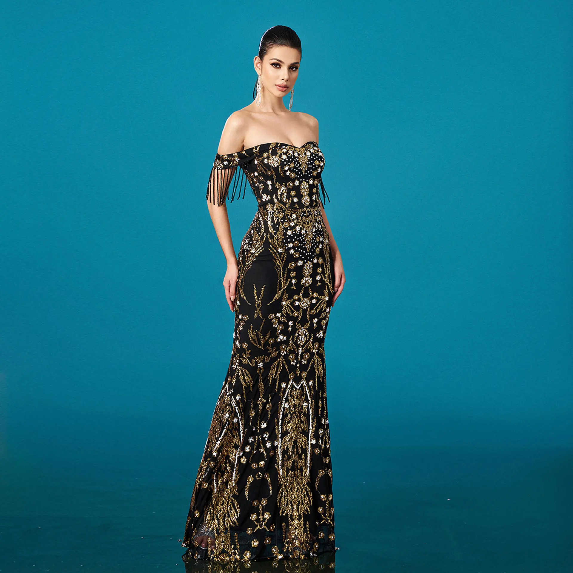 Off-neck Tassel Sequined Fishtail Evening Dress For Banquet Off-neck Tassel Sequined Fishtail Evening Dress For Banquet