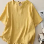 Retro Patchwork Cotton Short-Sleeve Shirt with Hollow-Back