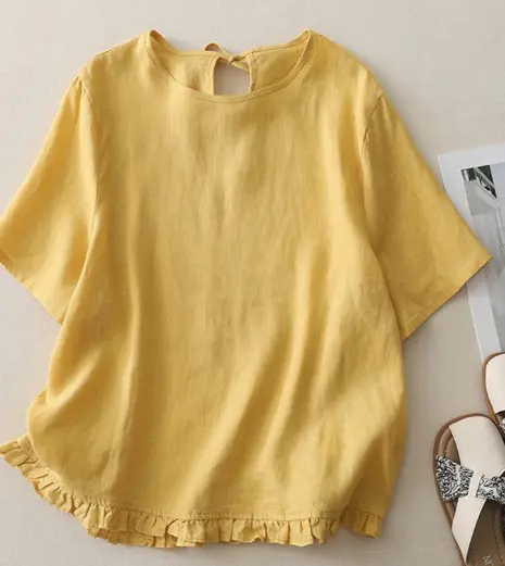 Retro Patchwork Cotton Short-Sleeve Shirt with Hollow-Back