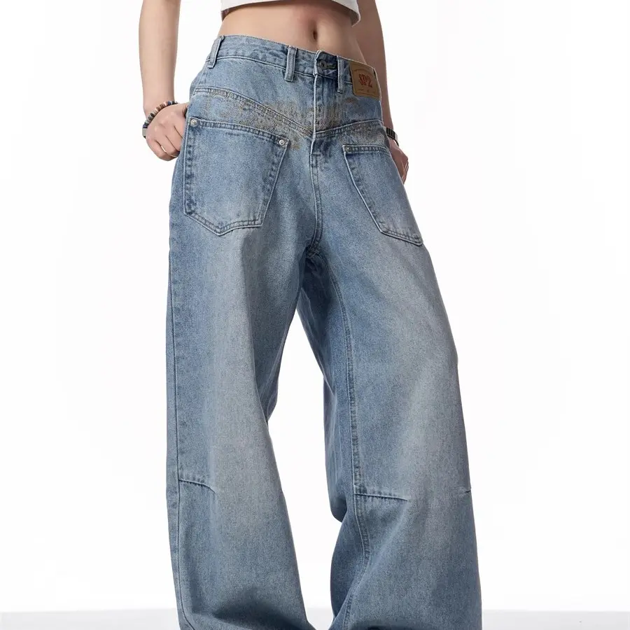 Retro Reverse-Wear Washed Denim Jeans for Men, Mid-Rise