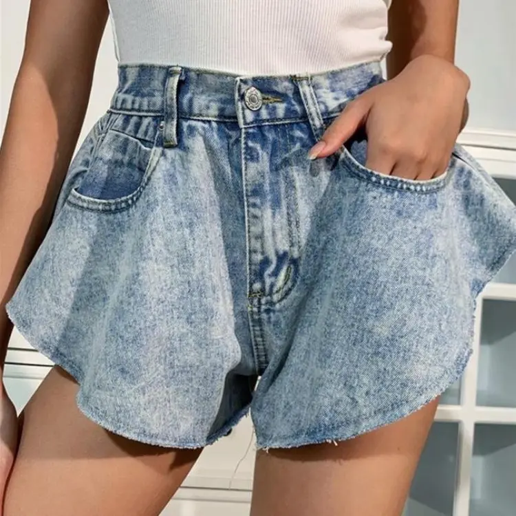 Washed High-Waist Raw-Edge Denim Shorts for Women