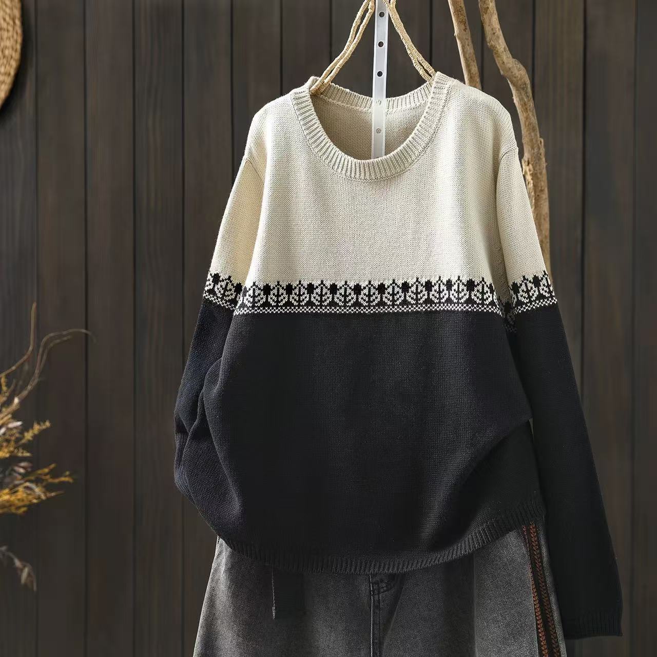 Loose Fit Preppy Crew-Neck Cotton Knit Sweater - Color Block