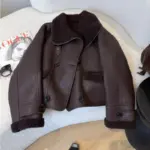 Warm Short Faux Fur & Leather Jacket for Women - Coffee