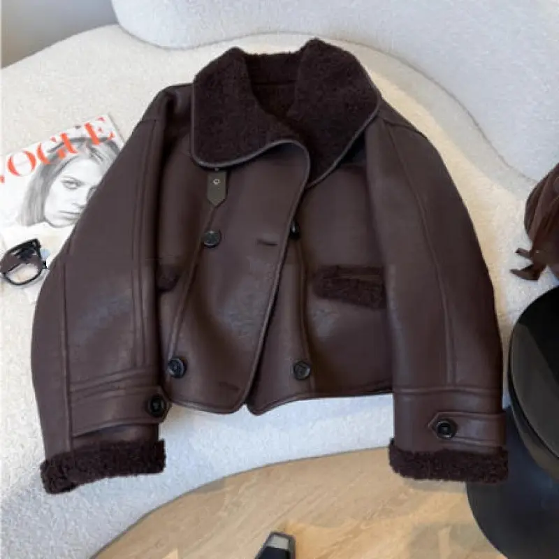 Warm Short Faux Fur & Leather Jacket for Women - Coffee