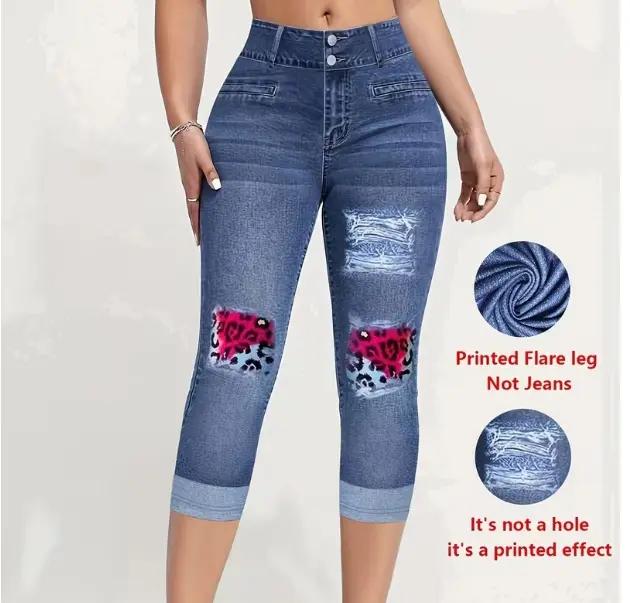 Denim Print Women’s Capri Tights for Elegant Commute Denim Print Women’s Capri Tights for Elegant Commute