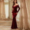 Wine Red Velvet-Look Bridesmaid Dress with Long Sleeves