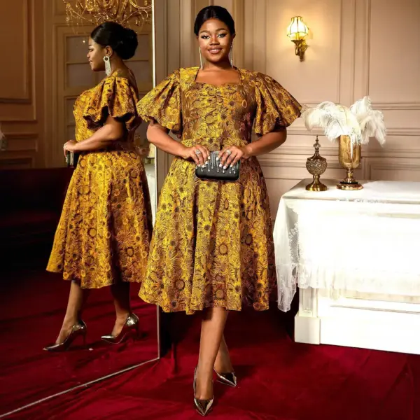 Puff Sleeve Jacquard Square Collar A Swing Long Cocktail Party Dress