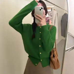 Versatile Solid-Colored Cardigan Sweater Coat With Small Gold Buttons