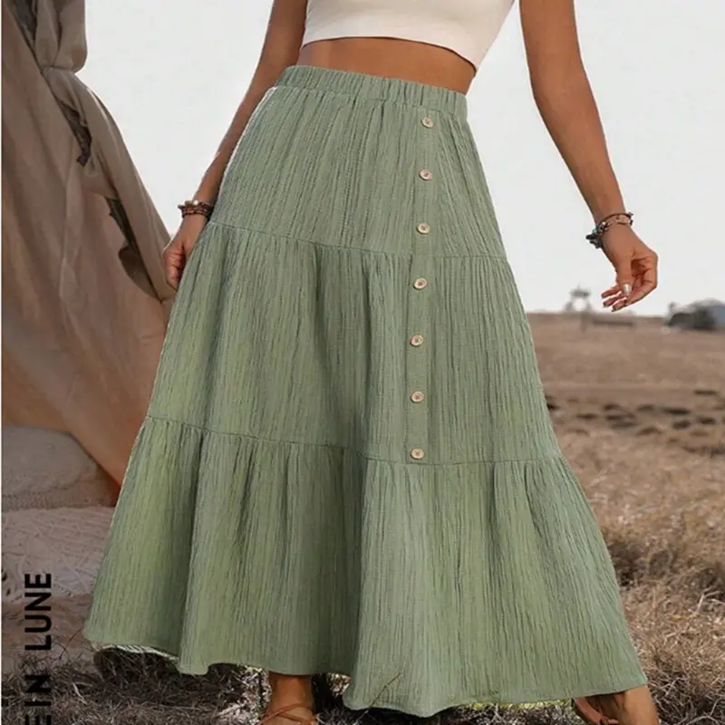 Elastic Waist Comfort Womens Long Tiered Striped Skirt
