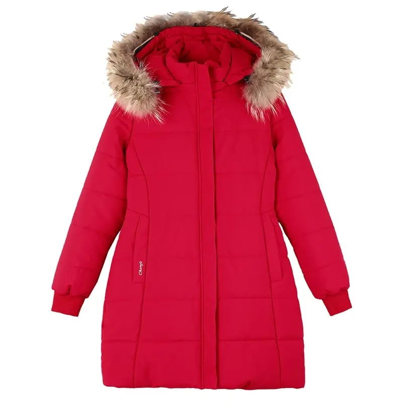 Warm Women’s Mid-Length Padded Coat with Detachable Hood and Fur Collar