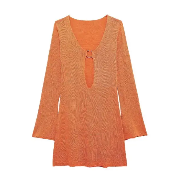 Summer Lady Temperament Fashion Deep V-neck Hollow Knitted Dress