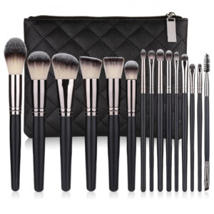 15-Piece Matte Black Makeup Brush Set with Organizer Bags