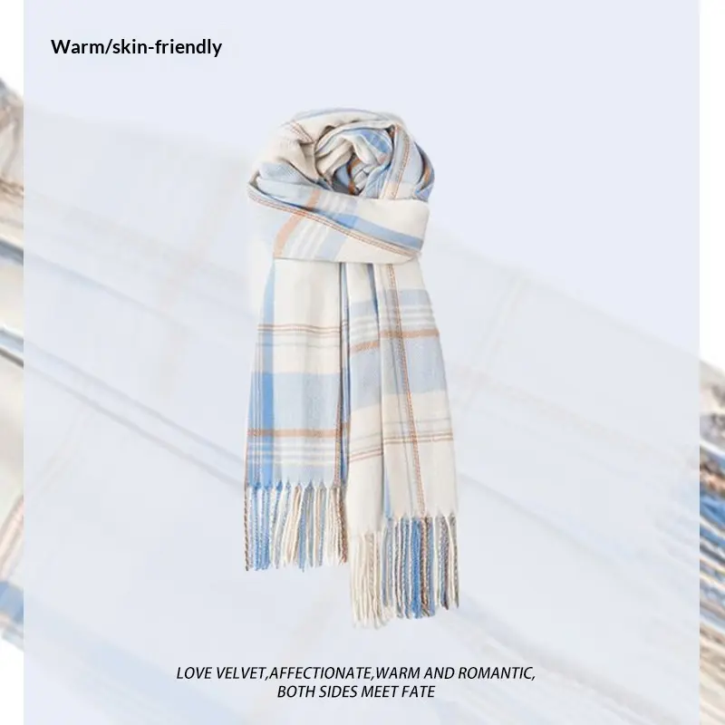 Light Blue Plaid Women’s Scarf with Tassels for Winter Wear