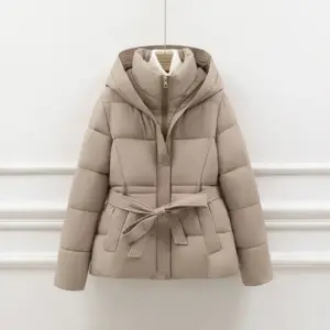 Women’s Slim-Fit Belted Puffer Coat with Hooded Drawstring