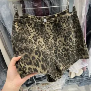 Vintage Leopard Print Denim Shorts for Women - High Waist