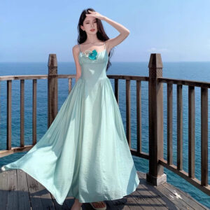Flattering High-Waist Mint Green Flower Thai Strap Dress