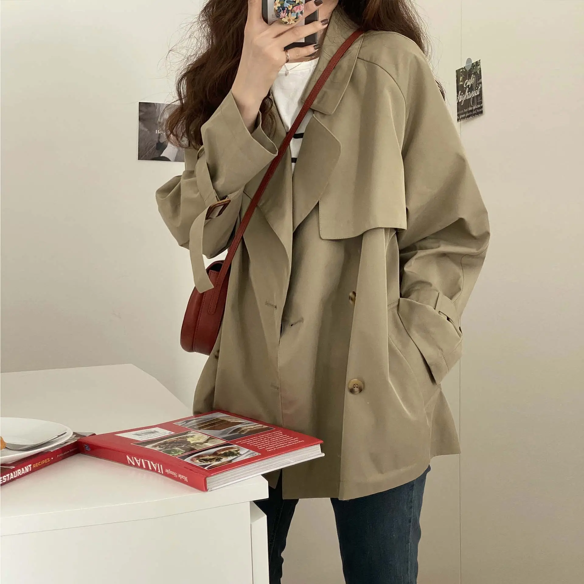 Khaki Short Trench Coat for Women with Belt - Lightweight Khaki Short Trench Coat for Women with Belt - Lightweight