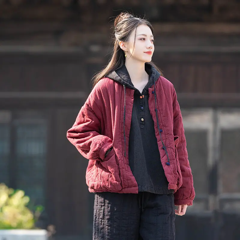 Womens Retro Colorblock Padded Jacket with Knotted Buttons