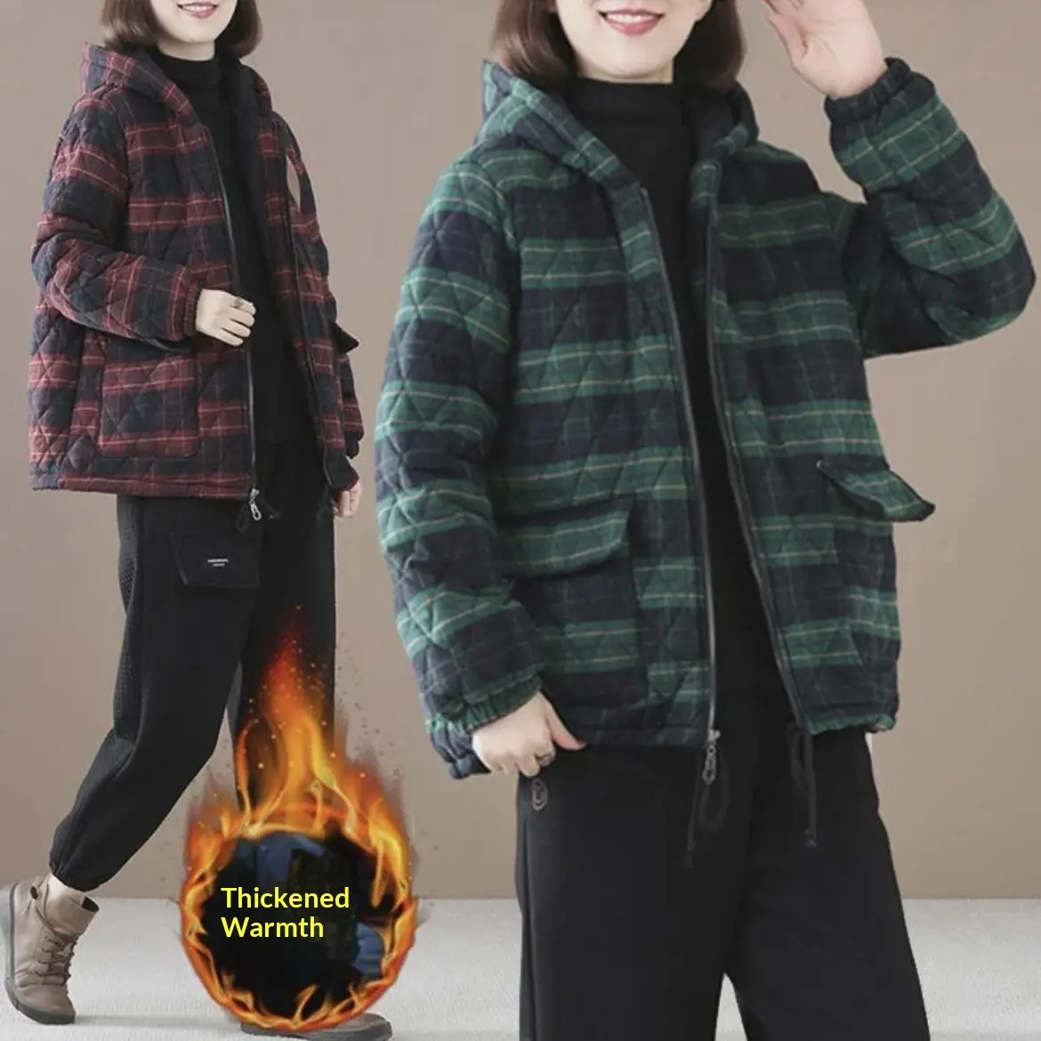 Short Cotton-padded Coat In Plaid For Fall And Winter Short Cotton-padded Coat In Plaid For Fall And Winter