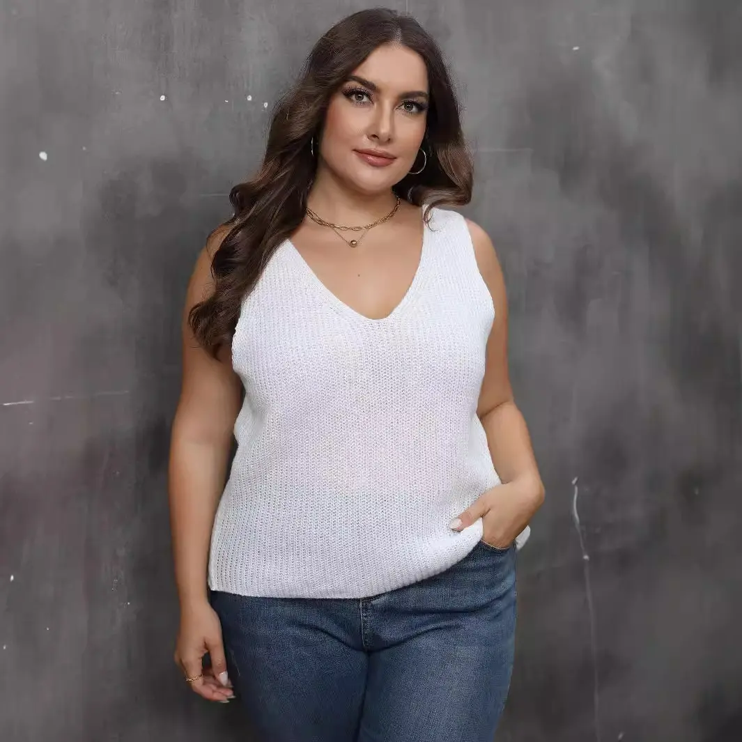 Loose-Fit V-Neck Sleeveless Knitted Base Sweater Top for Women