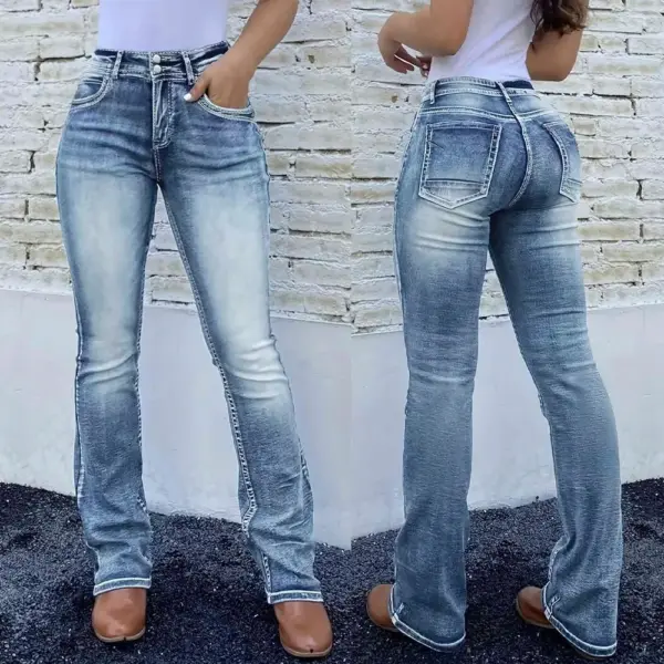Retro Stretch Pocket Embroidery Patchwork Washed Denim Jeans Retro Stretch Pocket Embroidery Patchwork Washed Denim Jeans