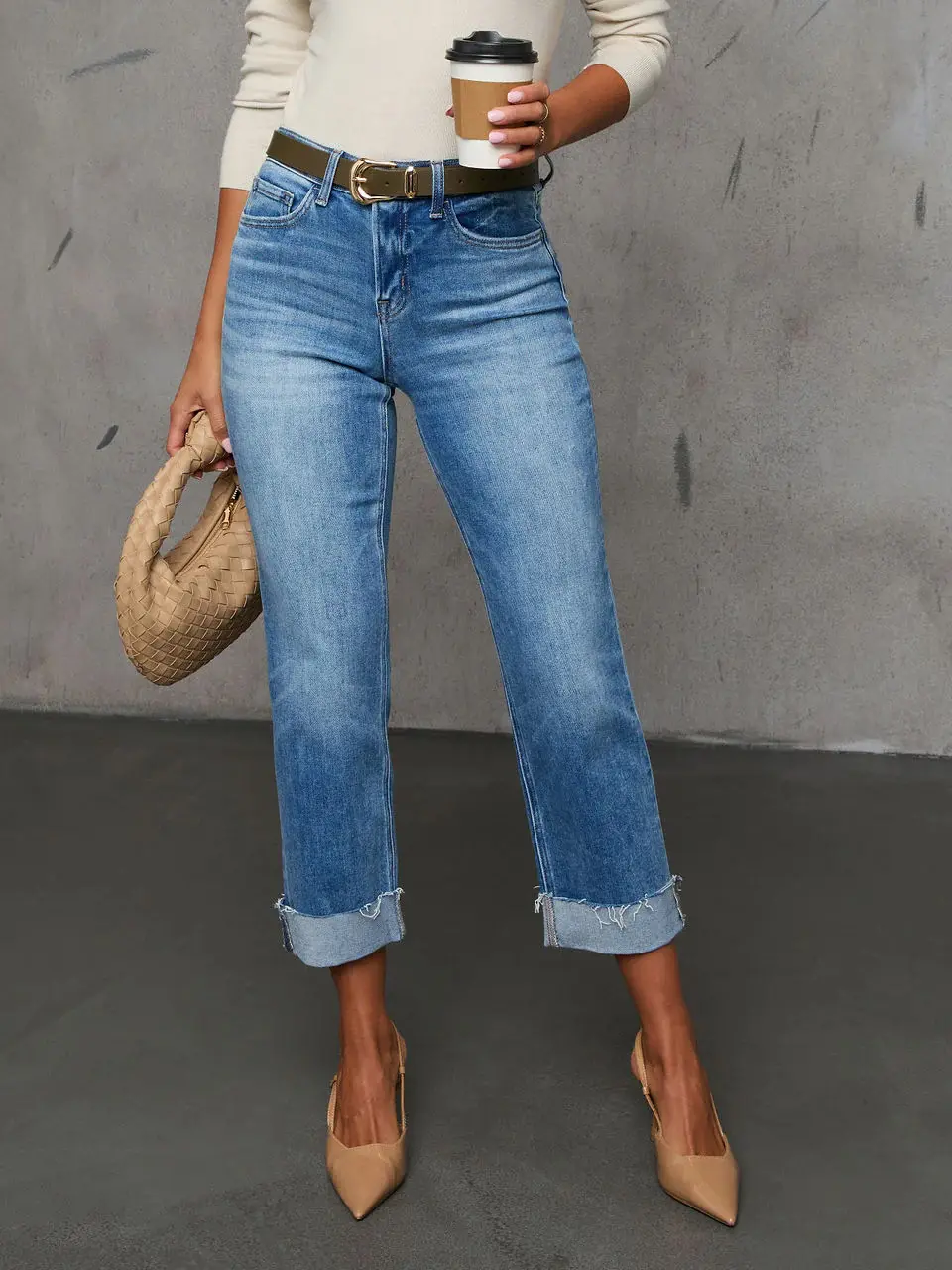 Comfort-Boosting Cuffed Capri Jeans with Slight Stretch - Blue Comfort-Boosting Cuffed Capri Jeans with Slight Stretch - Blue
