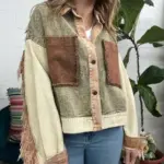Washed Contrast-Color Fringe Raw-Edge Work Jacket for Women