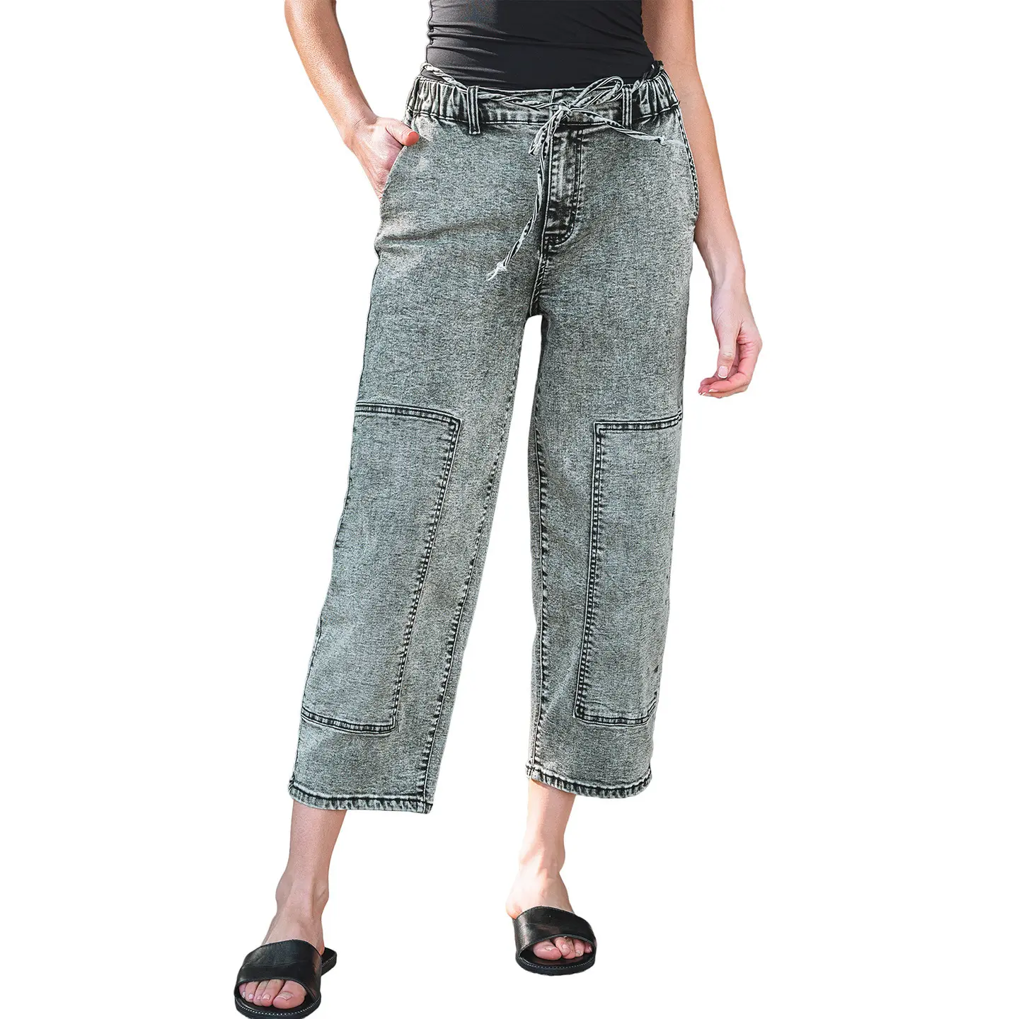 Washable Straight-leg Pants With Multiple Pockets And A Drawstring