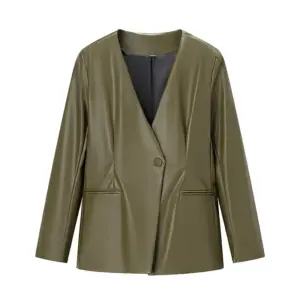 Women's Long-sleeved V-neck Leather Jacket