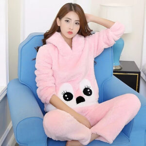 Warm Polyester Pullover Pajama Set for Women, Pink Pink M-XXL