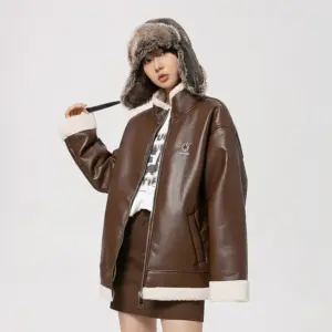 Warm Thickened Lambswool PU Leather Cotton Jacket - Black