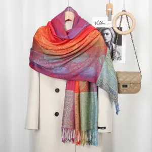 Color-Gradient Embroidered Tassel Shawl for Women, 70 x180 cm